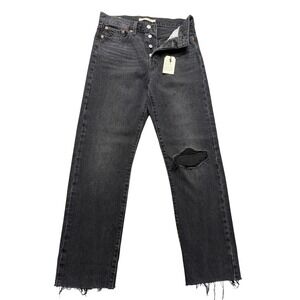 Levi's Wedgie Straight Jeans Womens 27 Black Distressed Button Fly Raw Hem